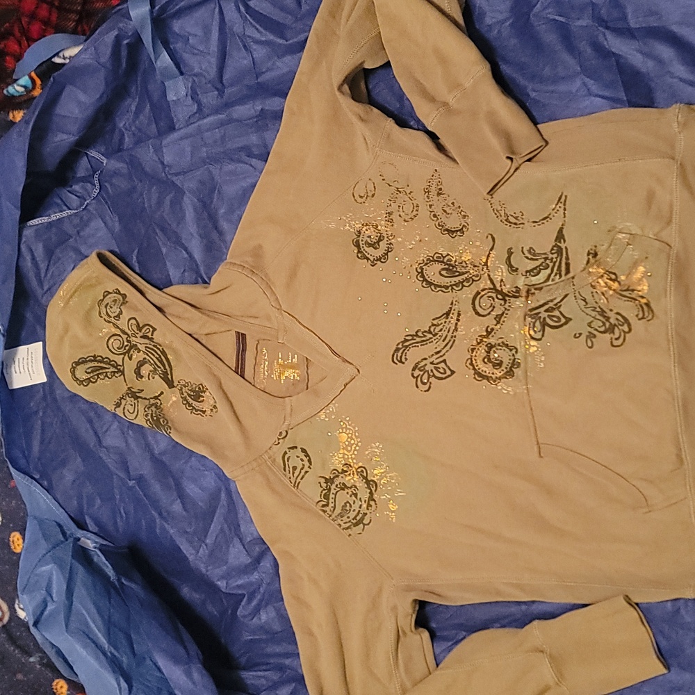 Maurices Sweatshirt Pullover Hoodie Army Green Paisley Print w/ Gold Sequin XL